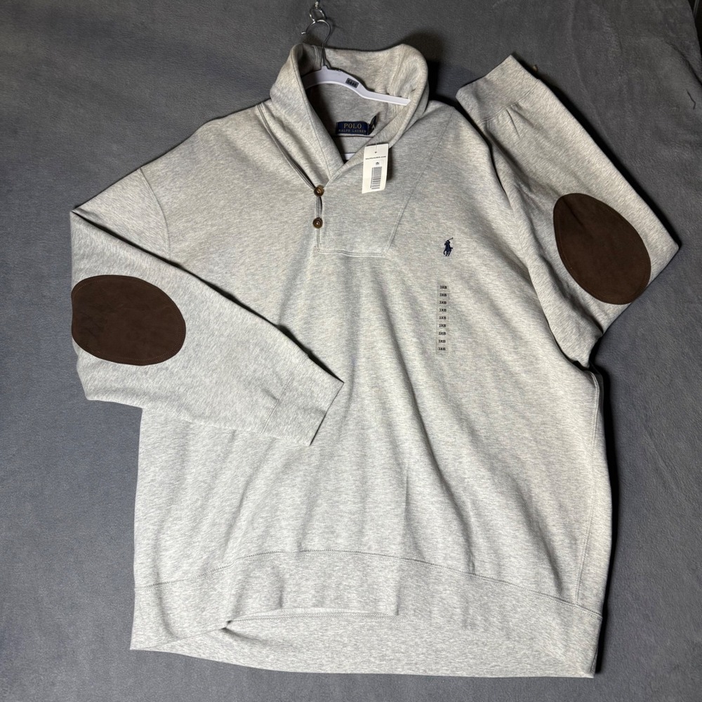 Polo Ralph Lauren Mens 3XB Shawl Collar Sweatshirt Grey Elbow Patches NWT